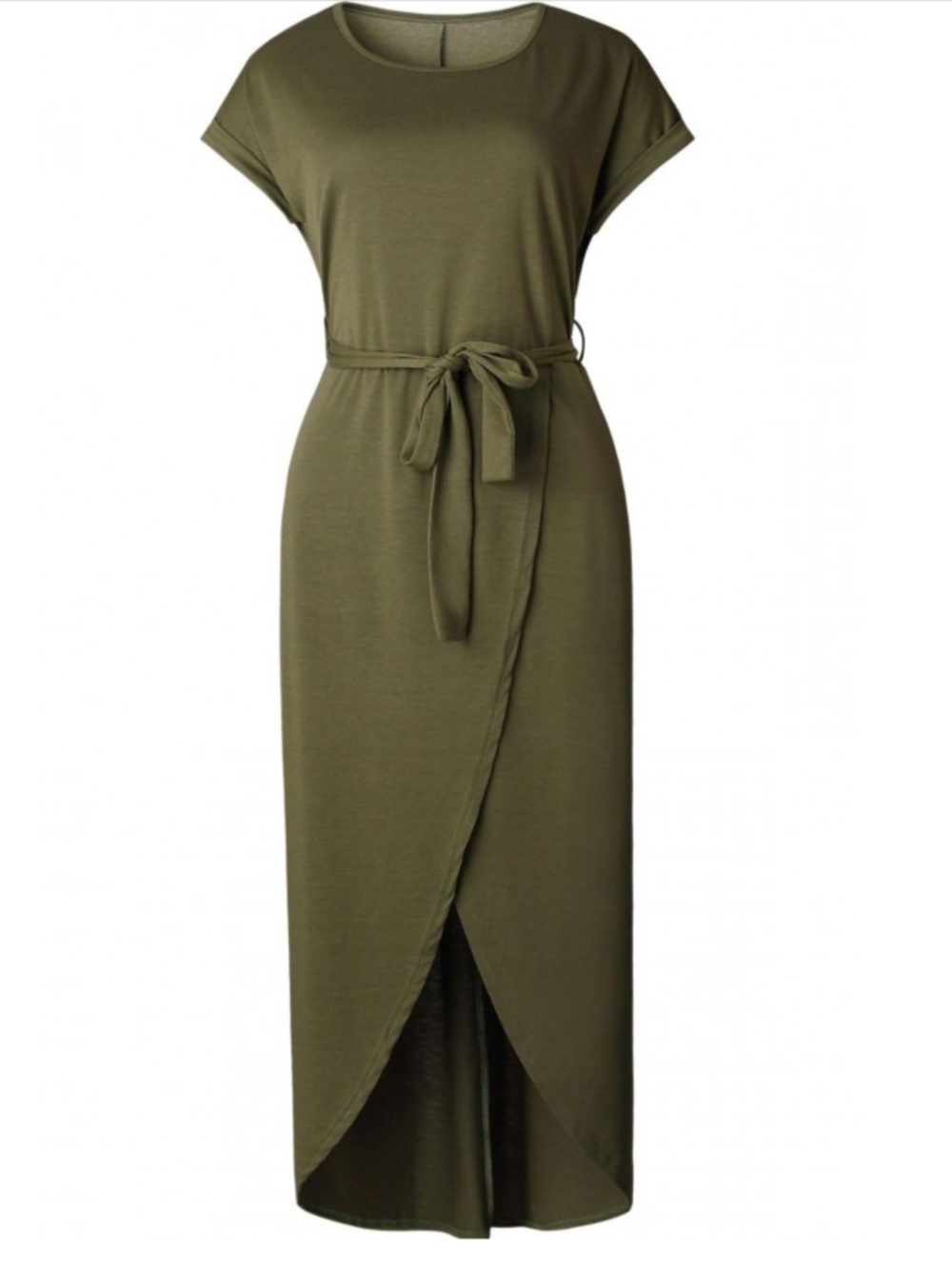 Army Green Round Neck Tied Waist High Low Casual Midi Dress
